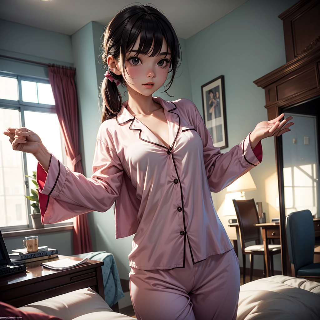 1_girl,solo, Wearing sexy pajamas, graceful figure, coquettish, study room, sofa, random enchanting movements, facing the camera, imaginative, first love