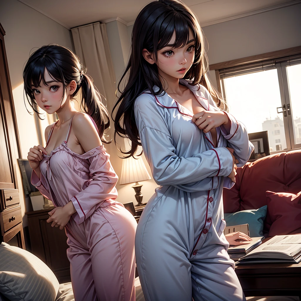 1_girl,solo, Wearing sexy pajamas, graceful figure, coquettish, study room, sofa, random enchanting movements, facing the camera, imaginative, first love