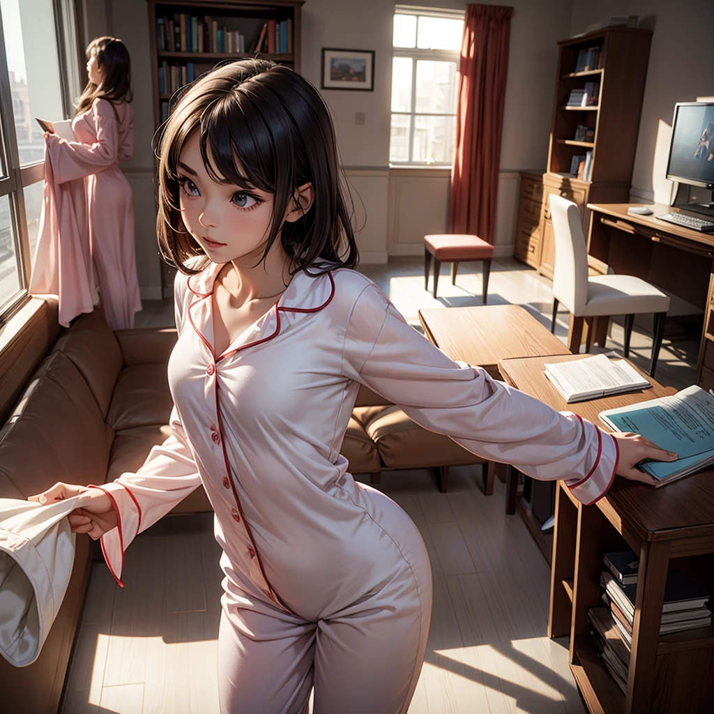 1_girl,solo, Wearing sexy pajamas, graceful figure, coquettish, study room, sofa, random enchanting movements, facing the camera, imaginative, first love