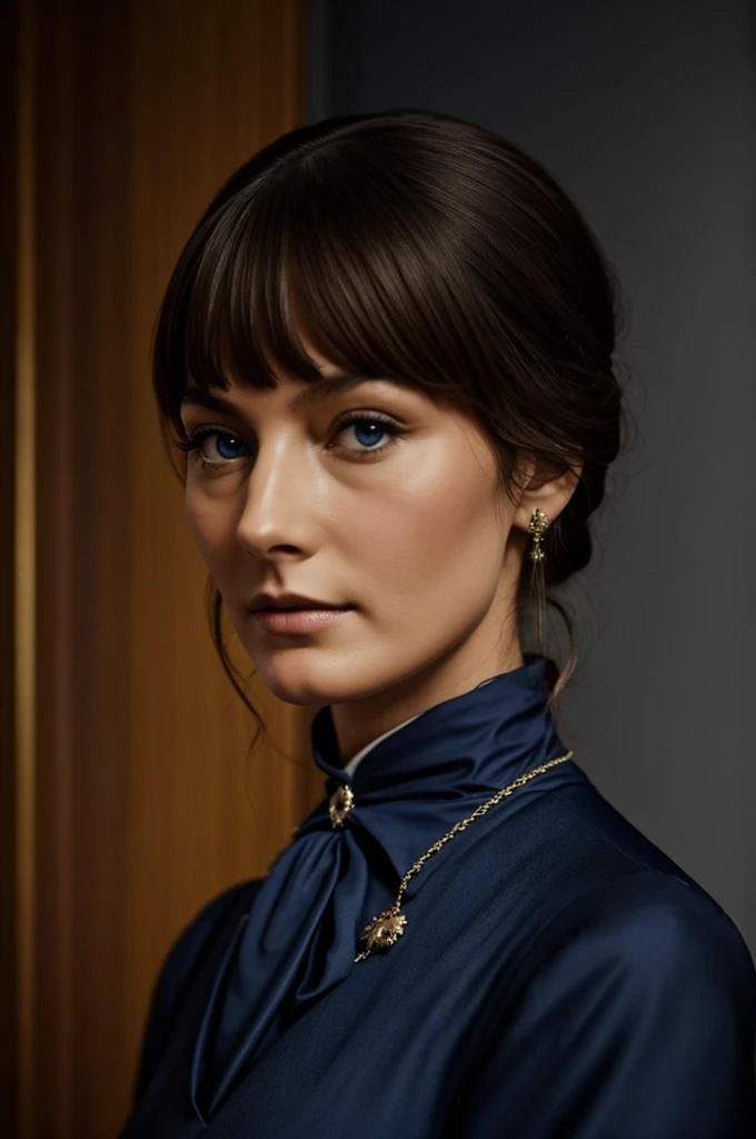 8k, the picture is a little bit dark blue, kother florence nightingale staring, blurred background and focus to florence nightingale