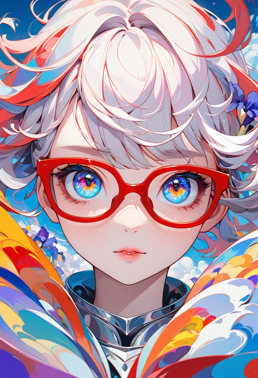 female knight, Face close-up, Red Glasses, cigarette, In the sky, Colorful and bright, Mysterious colors, modern impressionism, Portrait of Chen Yanjun, Iris Painting, 3/4 Perspective View, Cute Face, Low - Angle, Wide, swirling composition, Big beautiful crystal eyes, Big Iris, 超High resolution, High resolution, 8k, (masterpiece: 1. 5), (The most beautiful portraits in the world: 1.5)