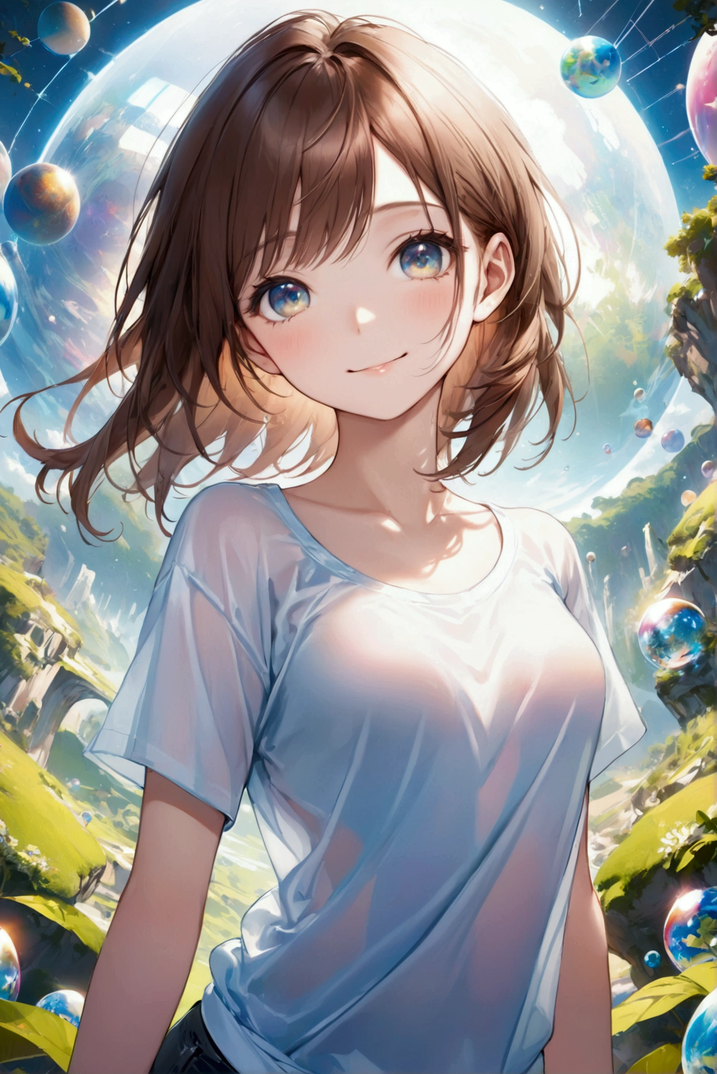 (Highest quality, 8k, 32K, masterpiece, Ultra-high resolution,:1.2),born, One girl,Super cute , Natural light,Clear, shining eyes, 20-year-old ,Fair skin, Brown Haired Girl, Wearing an open-necked T-shirt, Sexy pose, An innocent smile, A fantasy background reminiscent of an electronic world