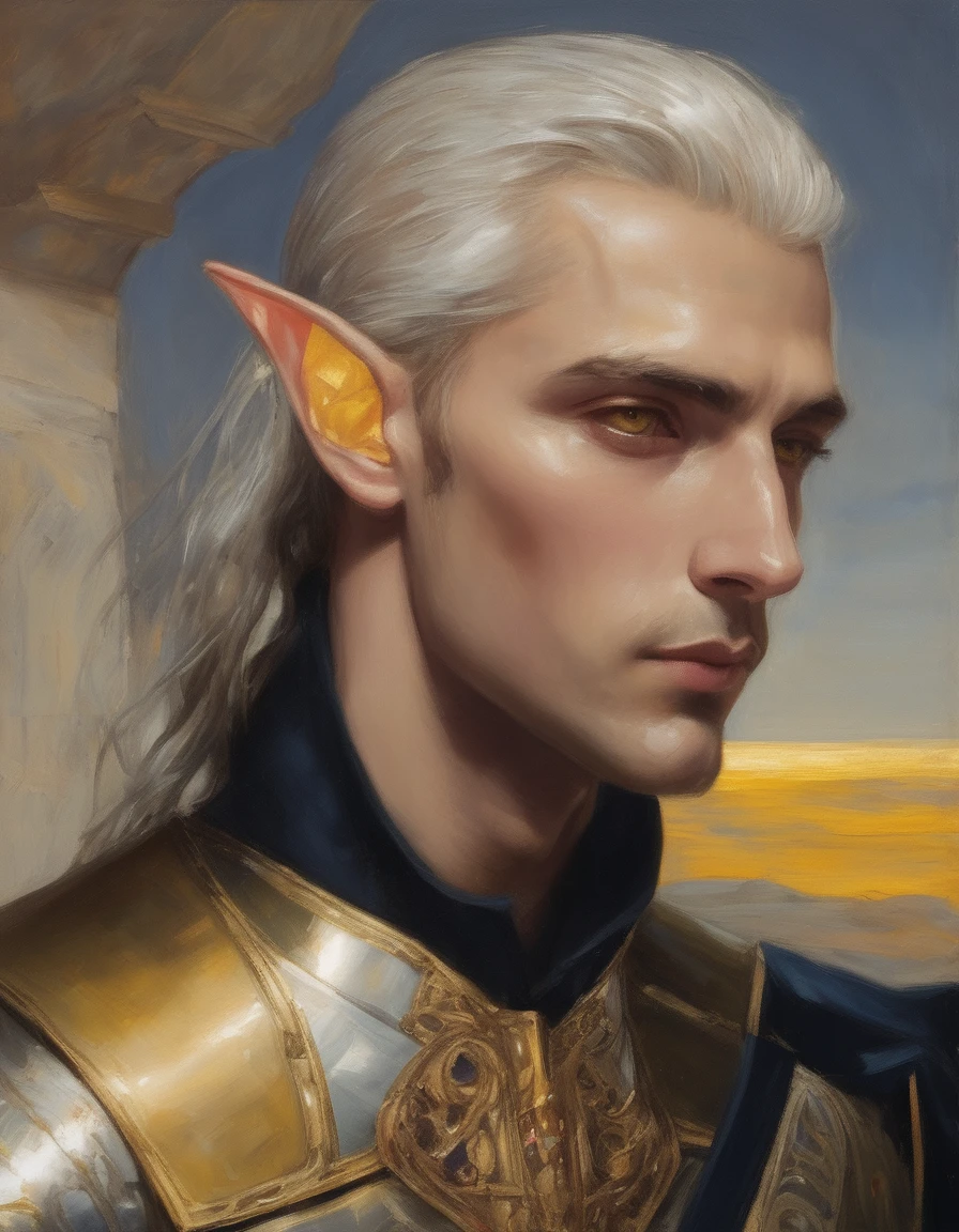 {{Masterpiece, best quality, by Franz von Stuck, by J. C. Leyendecker, oil painting, prismatic, holographic, jaundiced skin}}, (((((smooth half body profile of a beautiful, striking, male high elf knight, elf ears, yellow eyes, golden yellow skin, jaundiced skin, silver hair, chiseled face, angular face with an aquiline nose, tall, solemn, magnificent, haughty, noble, posing arrogantly, looking at viewer))))). (((((He is wearing an art déco uniform made of sheen, nacre plate, multicolored, holographic silk, with pearlescent, gemstone elements, coral elements, mirrors, crystals elements, prism elements))))).