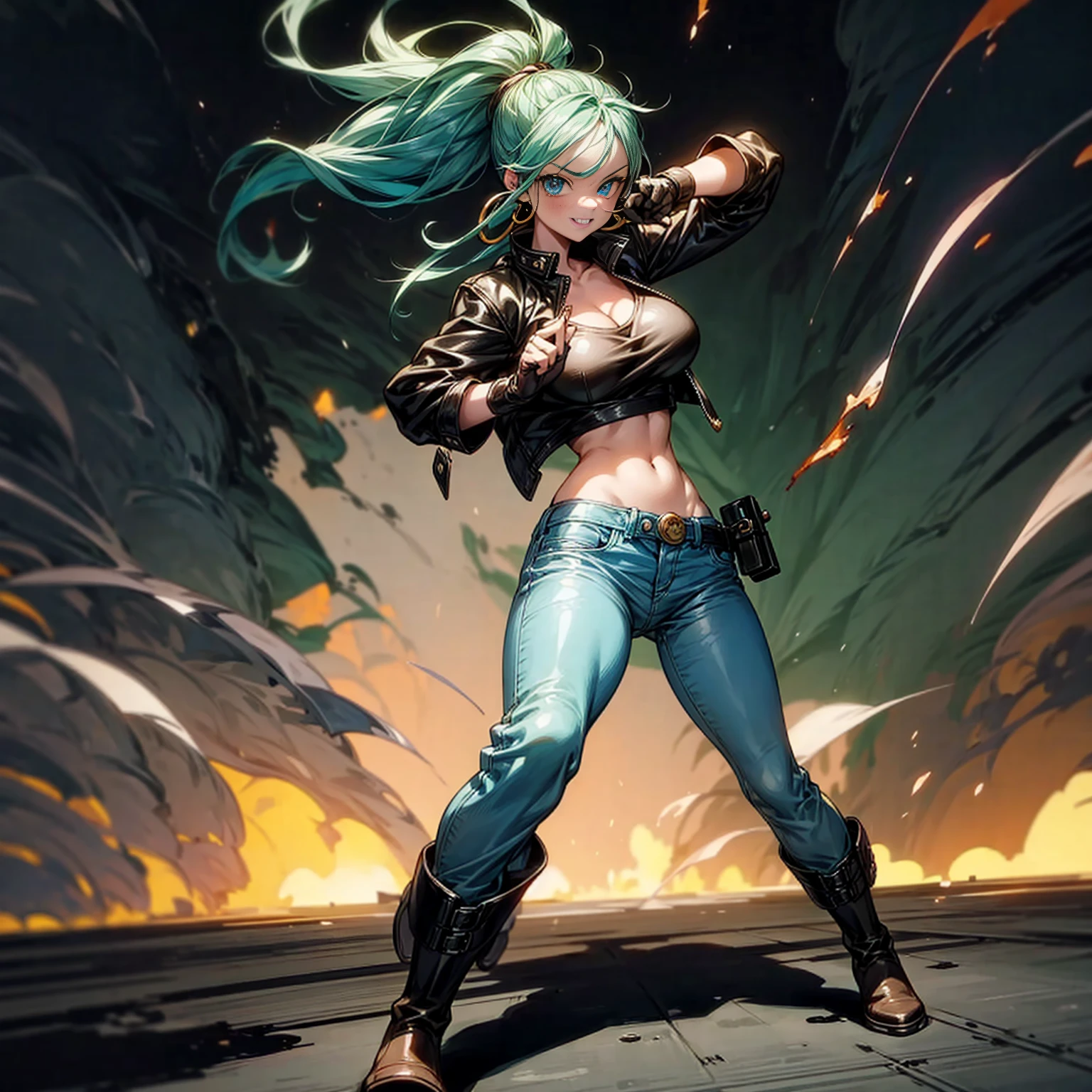 Solo character, young girl, full body version, blue eyes, green hair, long Curly hairstyle, ponytail, black t-shirt, brown leather jacket, long jeans, white boots, gloves, big breasts, Grassroots, background in street city, evening day, (one piece style art), standing battle gesture, handgun in hand, smoke effect, fire effect, blood on background, happy eyes, Hoop earrings