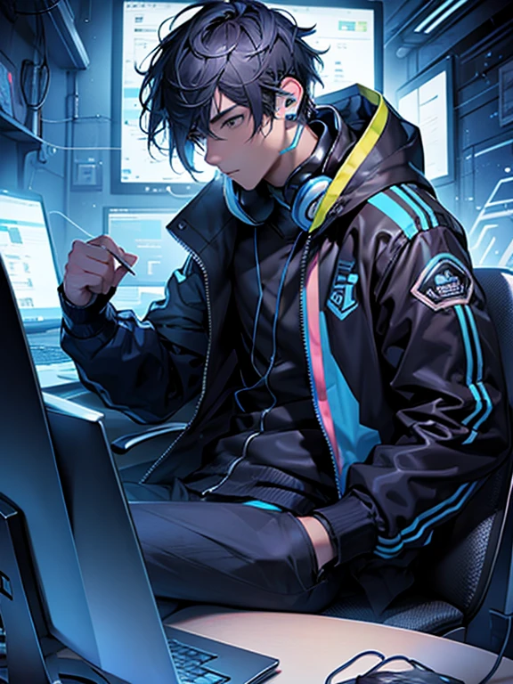 man playing on pc live in blue neon black jacket and headphones