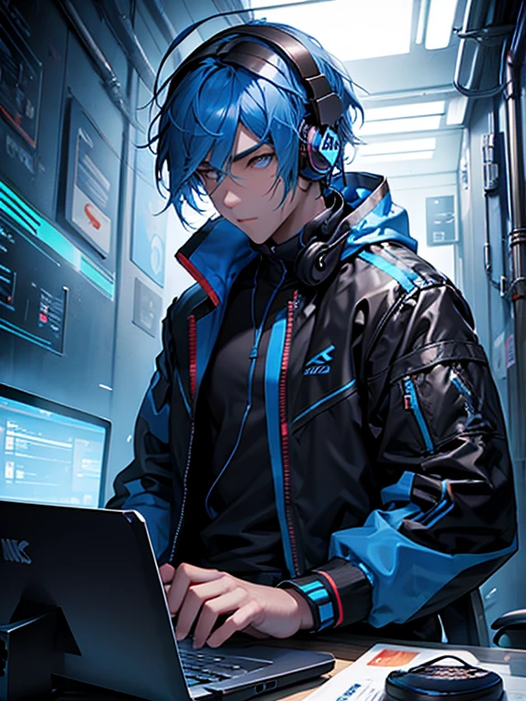 man playing on pc live in blue neon black jacket and headphones