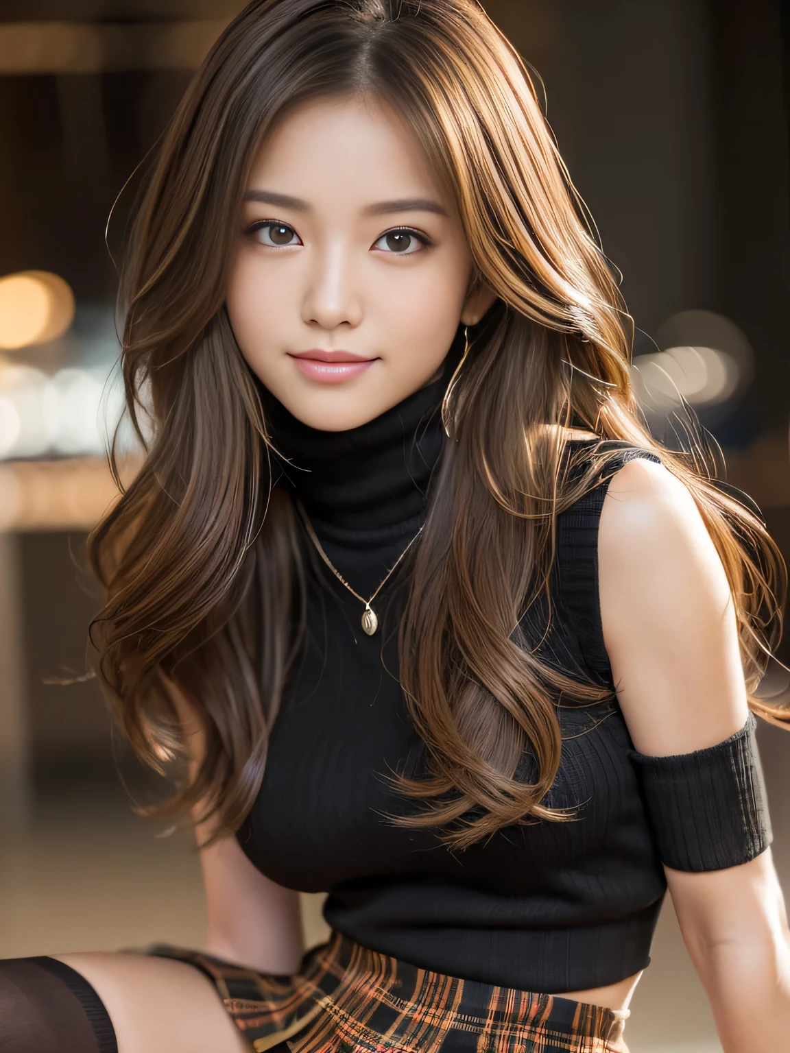 masterpiece, best quality, ultra-detailed, intricately detailed hyperdetailed, realistic, sharp features, highly detailed, sharp focus, Realistic, Photorealistic:1.3, (19 years old:1.3), perfect face, perfect symmetrically eyes, perfect full lips, hyper detailed, hyper realistic, high resolution, Fashion Model, Japanese Idol, Slender, brown hair, Stylish, model poses, Beautiful Face, light brown hair, messy hair, Beautiful hairstyle, (seductive smile:1.2), (looking at viewer), cinematic lighting, blurred background, (Black knit:1.2), ((mini plaid skirt, black high socks)), (Shibuya),