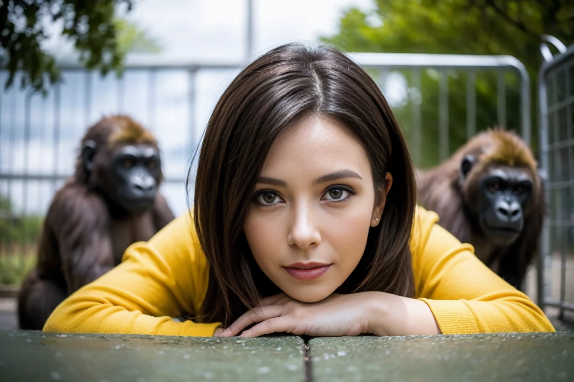 "A realistic portrait of a single woman named Laura Stevka, . She is in the zoo in front of an outdoor enclosure in which there are gorilla (((HVEPUO women's mid-rise denim shorts in a casual used look with broken edges and blue fringes. The shorts are in size X-Small and washed blue.))) Laura has a tight waist and smiles friendly into the camera. „