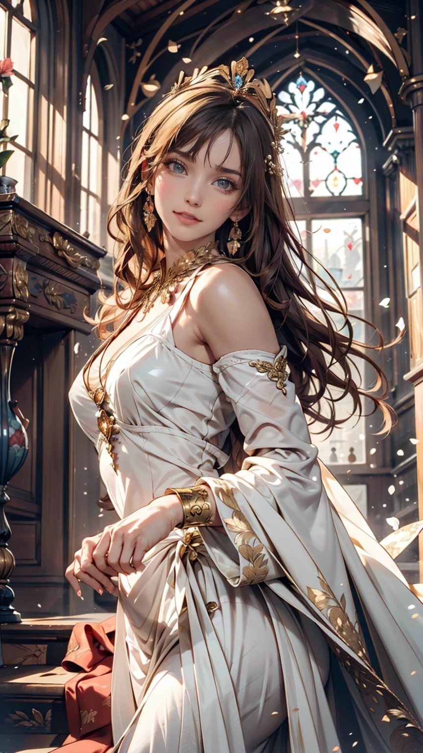 goddess、Long Wavy Hair、Expressions that seem to dance in the wind、A gentle and compassionate smile、Long white dress、Gold Accessories、crown、Classical mythology、Realistic depiction、Inside the magnificent temple、Light pours in through the large windows overlooking the blue sky.、An elegant and dignified appearance、One hand stretched out in front of him, as if he was manipulating the light.、soft and warm colors、Gold and white color scheme、Beautiful flowers blooming at your feet々、Emitting a mystical aura、 Small mythical creatures in the background