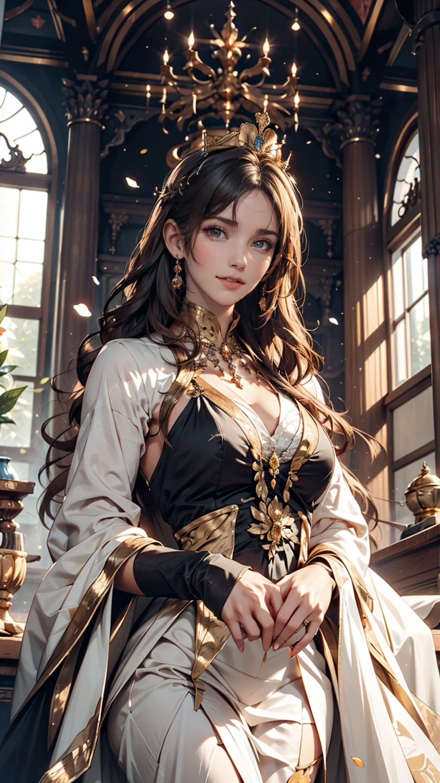 goddess、Long Wavy Hair、Expressions that seem to dance in the wind、A gentle and compassionate smile、Long white dress、Gold Accessories、crown、Classical mythology、Realistic depiction、Inside the magnificent temple、Light pours in through the large windows overlooking the blue sky.、An elegant and dignified appearance、One hand stretched out in front of him, as if he was manipulating the light.、soft and warm colors、Gold and white color scheme、Beautiful flowers blooming at your feet々、Emitting a mystical aura、 Small mythical creatures in the background