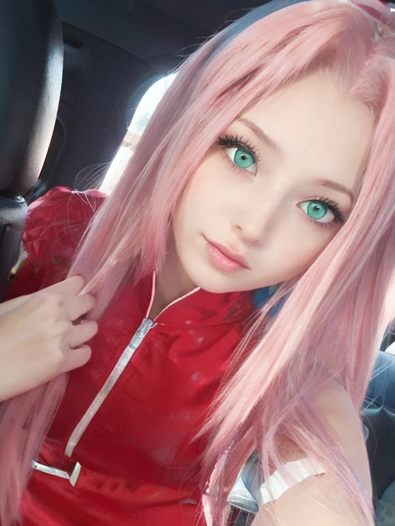 young woman, peach skin, short pink hair, wide forehead, big green eyes, buttoned nose, big pink lips, slender body, small breasts, medieval period clothing, deep neckline, Sakura Haruno, 3d
