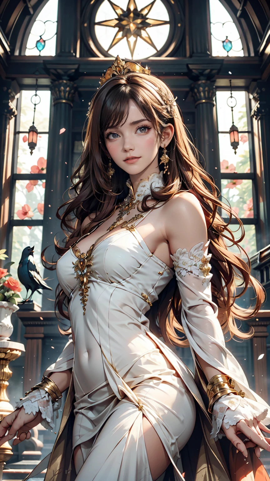 goddess、Long Wavy Hair、Expressions that seem to dance in the wind、A gentle and compassionate smile、Long white dress、Gold Accessories、crown、Classical mythology、Realistic depiction、Inside the magnificent temple、Light pours in through the large windows overlooking the blue sky.、An elegant and dignified appearance、One hand stretched out in front of him, as if he was manipulating the light.、soft and warm colors、Gold and white color scheme、Beautiful flowers blooming at your feet々、Emitting a mystical aura、 Small mythical creatures in the background