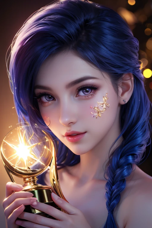 a beautiful young woman celebrating and kissing a trophy she won, extremely detailed, beautiful eyes, long eyelashes, detailed facial features, intricate hairstyle, glowing skin, elegant expression, soft lighting, warm color palette, photorealistic, highly detailed, digital art, award ceremony, celebration, pride, accomplishment