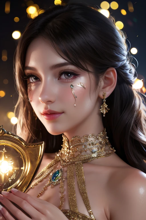 a beautiful young woman celebrating and kissing a trophy she won, extremely detailed, beautiful eyes, long eyelashes, detailed facial features, intricate hairstyle, glowing skin, elegant expression, soft lighting, warm color palette, photorealistic, highly detailed, digital art, award ceremony, celebration, pride, accomplishment