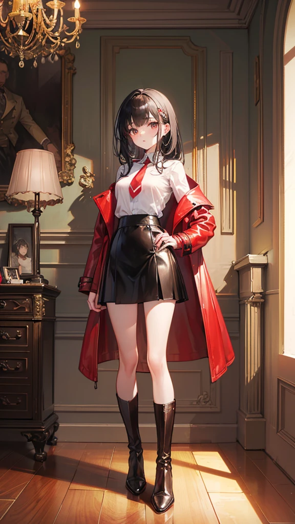 ((Best masterpiece, Perfect quality, Ultra detailed)), ((Antique World)), A skinny slender girl with small bust, Wearing a red leather long coat, Wearing a white y-shirt red tie, Wearing a gathered black fabric skirt