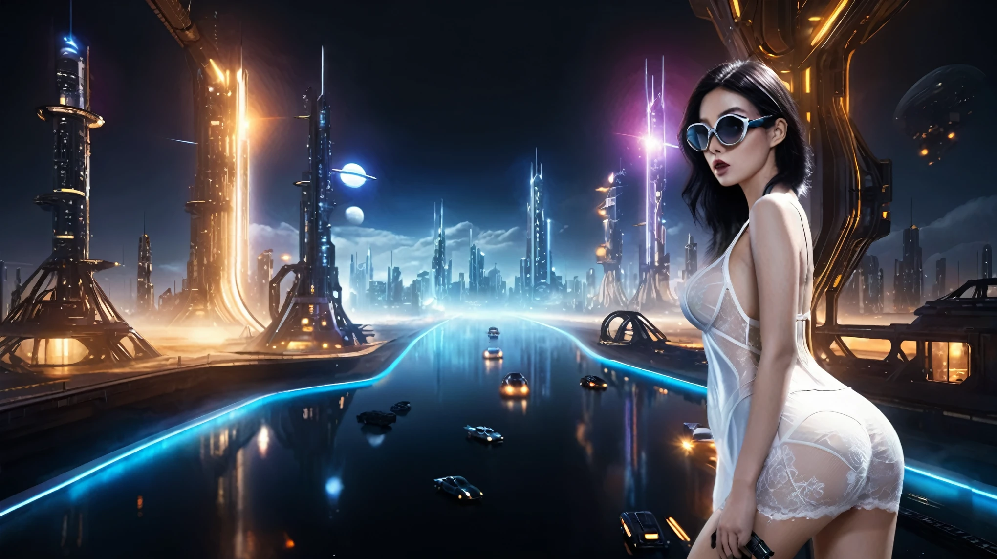 at night, ((a large-breast:1.2 lingerie slim:0.6 GIRL with black micro sunglasses)), ((holding a pistol)), aerial view of an ultra-futuristic megalopolis, tall metal buildings and houses in dark colors from dark blue to black, shades of metal gray, smoky metal structures, industrial environment with fog around, dark cars on the streets, desert megalopolis, modern metal rails and trains passing through, ((futuristic space station)), realistic, detailed, sci-fi.