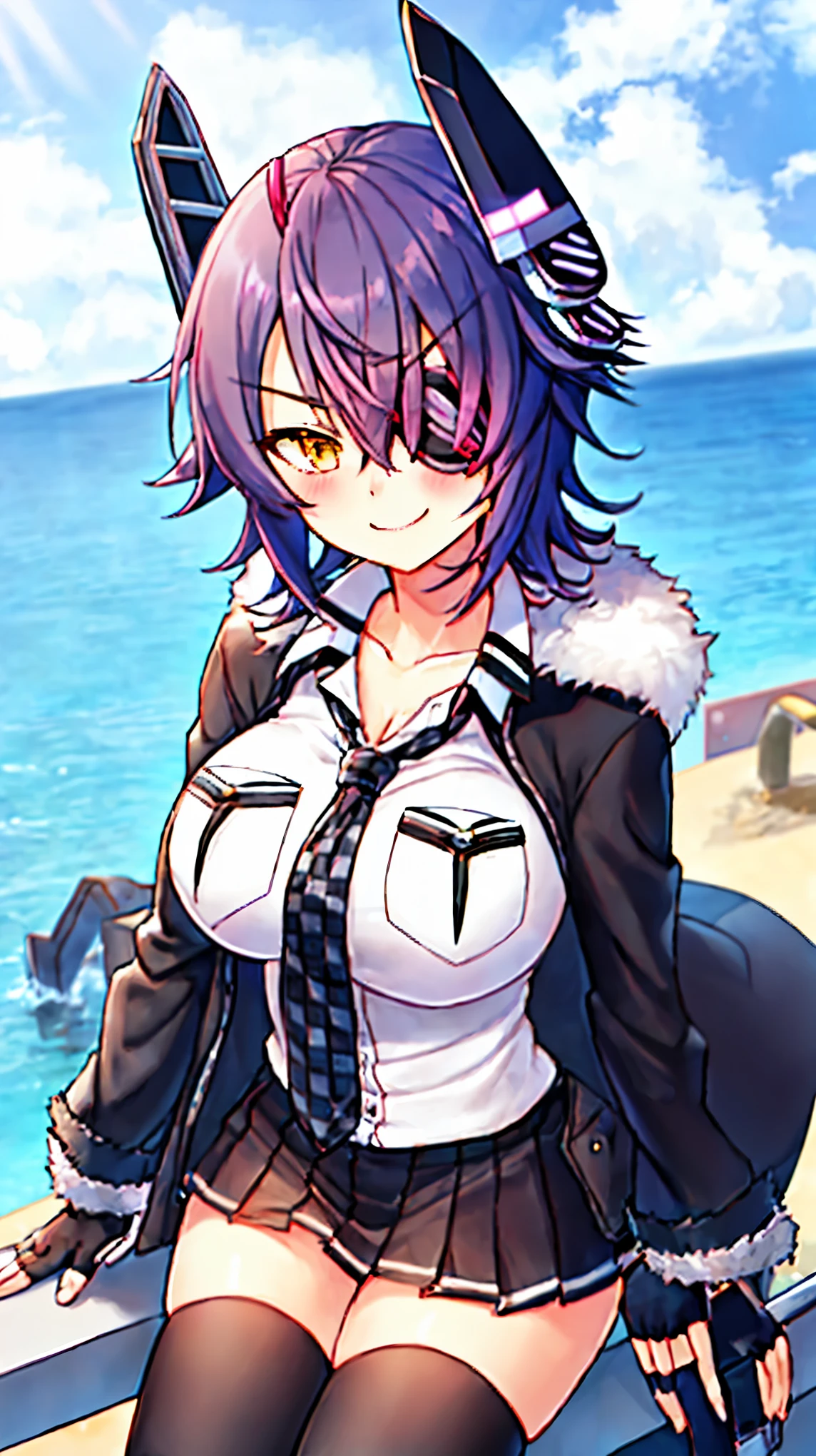 best quality, masterpiece, solo, {tenryuu_kantaicollection:1.15}, teen_girl, eyepatch, short_hair, purple_hair, yellow_eyes, headgear, breasts, necktie, large_breasts, smile, 1girl, blush, checkered_necktie, hair_over_one_eye, shirt, collared_shirt, white_shirt, jacket, sleeveless, brown_eyes, fur-trimmed_jacket, fur_trim, collarbone, looking_at_viewer, pocket, breast_pocket, ,, messy_hair, black_gloves, gloves, partially_fingerless_gloves,harbor_road_landscape_background,outdoor,short_skirt,thigh-highs,boots,sunlight,from_below