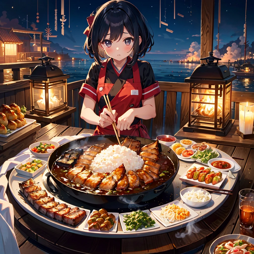 {{{Masterpiece, highest quality, high resolution background}}}, bright and beautiful atmosphere, 3 girls (, 1 short-tempered round face), 1 (hair, surface effects), small breasts, fish grill machine The saury sitting on top of the saury, the saury burning in a fragrant color, a lot of smoke coming out, the girl continuing to grill the saury with long chopsticks, "deltamon_sdXL :0.73) >Deltamon"