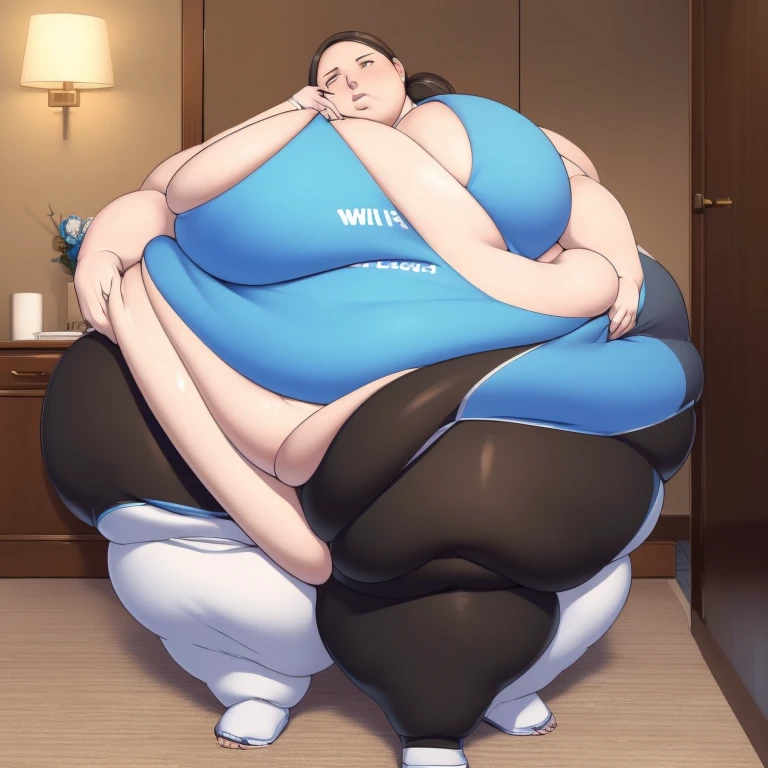 Wii fit trainer, a woman, thick body, extremely white pale skin, a tall and curvy figure, highres, and a hyper massive voluptuous body. She has large thick fat breasts, (gigantic breasts,  1.5), she has thick breasts, an extremely thick giant fat enormous sexy huge humongous gigantic ass, thick figure. The woman has cute long gray hair, detailed eyes, gray eyes. She has a seductive expression, ahegao expression, moaning. The woman is wearing a large blue tank top and gray yoga pants. She is standing in her bedroom, holding her belly, sweating, moaning, and gaining weight, with a sexy fat body. ((obese, fat, excess fat)), (morbidly obese body:1.5) (fat neck and chin). (Very large thighs) (((Colossal thighs, massive thighs, very large thighs))), full body, masterpiece, (NSFW), (exaggerated proportions), (hentai), (perfect anatomy), ((detailed manga illustration)), (detailed face), (4k wallpaper), (best quality,4k,8k,highres,masterpiece:1.2),ultra-detailed,(realistic,photorealistic,photo-realistic:1.37),HDR,UHD,studio lighting,ultra-fine painting,sharp focus,physically-based rendering,extreme detail description,professional,vivid colors,bokeh,portraits,goth, fantasy