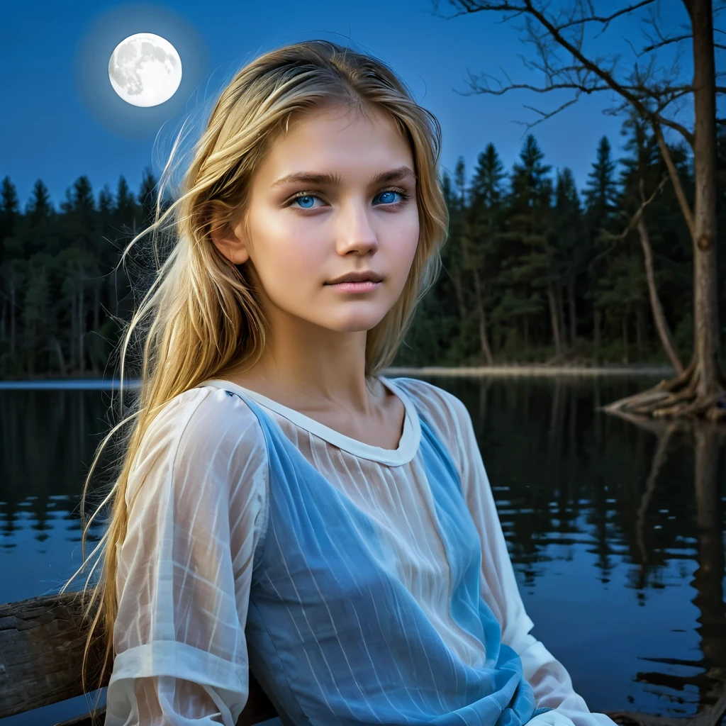 Under the light of a full moon, a young woman with long, flowing blonde hair sits on a bench by a serene lake. The moonlight casts a gentle glow on her fair skin, highlighting her striking blue eyes and the delicate features of her face. Dressed in a loosely buttoned shirt that slips off her shoulders, she exudes a mix of vulnerability and allure. Large hoop earrings frame her face, adding a touch of elegance to her natural beauty. The dark silhouette of the forest in the background contrasts with the bright moon, creating an atmosphere of quiet enchantment. As the night deepens, she becomes a central figure in a story of mystery and romance, where the boundaries between dreams and reality blur under the celestial light