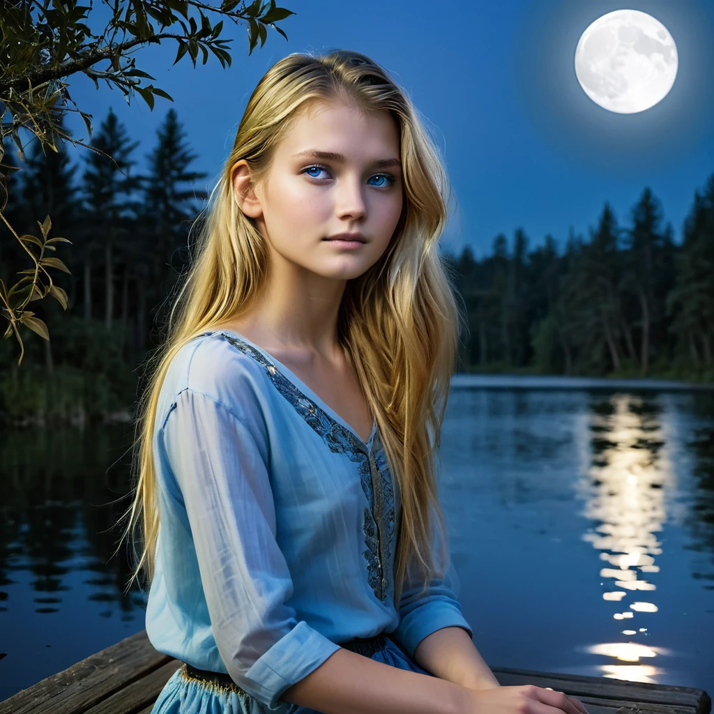 Under the light of a full moon, a young woman with long, flowing blonde hair sits on a bench by a serene lake. The moonlight casts a gentle glow on her fair skin, highlighting her striking blue eyes and the delicate features of her face. Dressed in a loosely buttoned shirt that slips off her shoulders, she exudes a mix of vulnerability and allure. Large hoop earrings frame her face, adding a touch of elegance to her natural beauty. The dark silhouette of the forest in the background contrasts with the bright moon, creating an atmosphere of quiet enchantment. As the night deepens, she becomes a central figure in a story of mystery and romance, where the boundaries between dreams and reality blur under the celestial light
