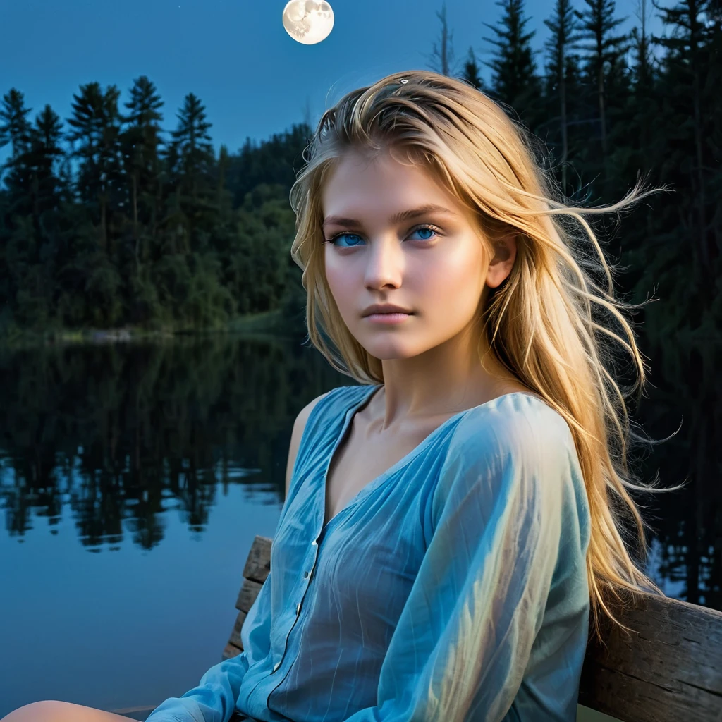 Under the light of a full moon, a young woman with long, flowing blonde hair sits on a bench by a serene lake. The moonlight casts a gentle glow on her fair skin, highlighting her striking blue eyes and the delicate features of her face. Dressed in a loosely buttoned shirt that slips off her shoulders, she exudes a mix of vulnerability and allure. Large hoop earrings frame her face, adding a touch of elegance to her natural beauty. The dark silhouette of the forest in the background contrasts with the bright moon, creating an atmosphere of quiet enchantment. As the night deepens, she becomes a central figure in a story of mystery and romance, where the boundaries between dreams and reality blur under the celestial light