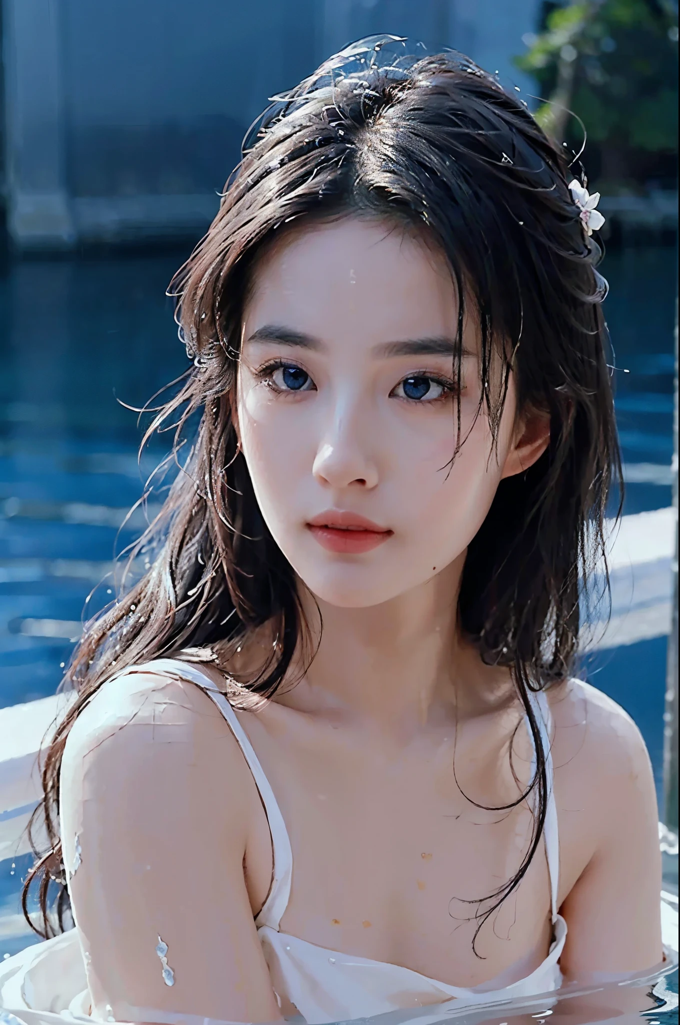 Seven part photos, masterpiece, best quality, Official Art, Extremely detailed CG 8k wallpaper,(Flying petals)(Detailed ice) , water晶质感皮肤, Cold expression, White hair, Long hair, Messy hair, blue eyes, Looking at the audience, Extremely refined, water, ((Beautiful and delicate eyes)), Very detailed, light,((Pretty Face),fine water surface, (Original figure painting), Very detailed, Very detailed, (Extremely refined), Beautiful and delicate eyes,