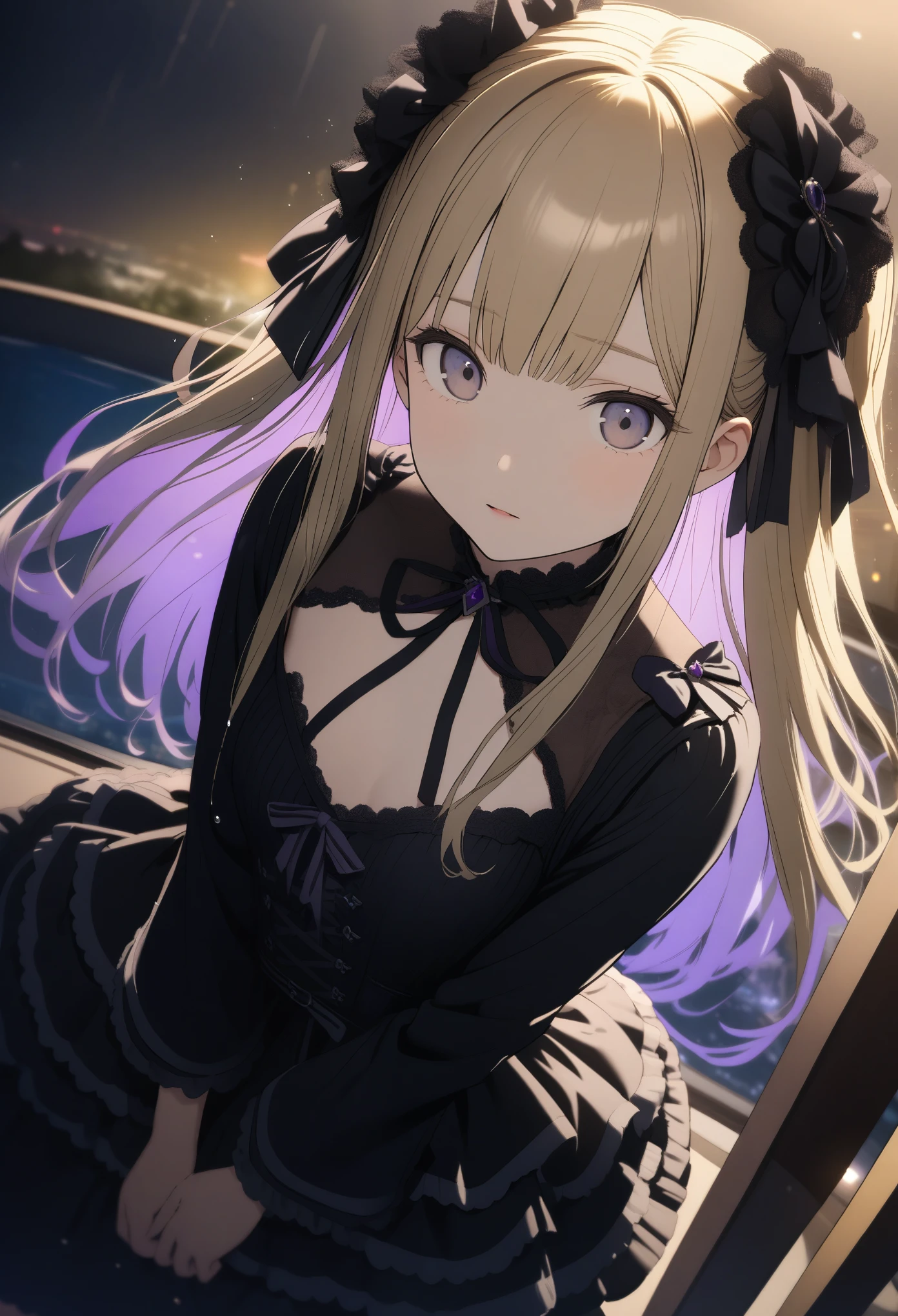 15-year-old girl, ((gothic lolita fashion))、(Golden hair color、Light purple inner color hairstyle、Hair expressed with a delicate touch), Beautiful Hair, Facial Contour, Remember, ,Hotel, splash, Lens flare、night,illumination、Natural Color, High resolution, Very delicate, Very detailed, 8k,（Breast size around B cup）、Shyness,((Sexual)),((Sexy feeling)),Top view angle