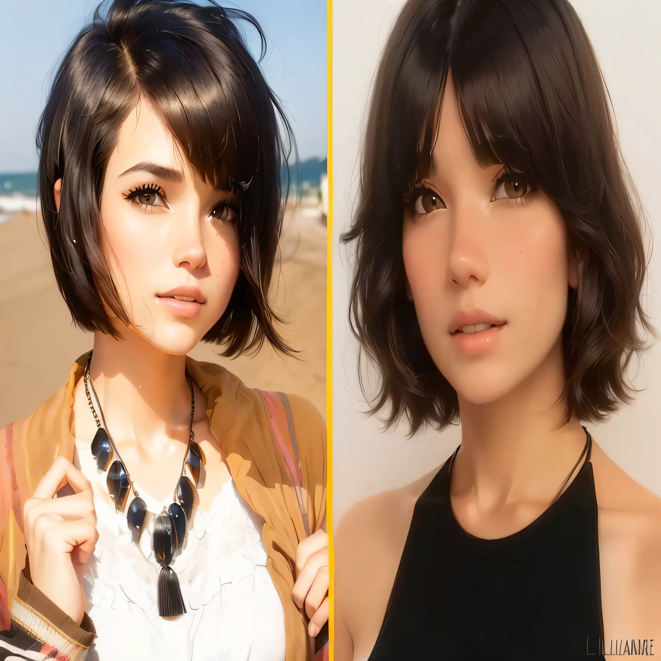 a closeup of two photographs of a woman with a necklace, bob francés hair, alena aenami and lilia alvarado, Short Bob Hair, chin length hair, short to medium length hair, short dark hair, with short hair with bangs, haircut with side bangs, bob haircut, black bob haircut, short dark haircut, bob francés