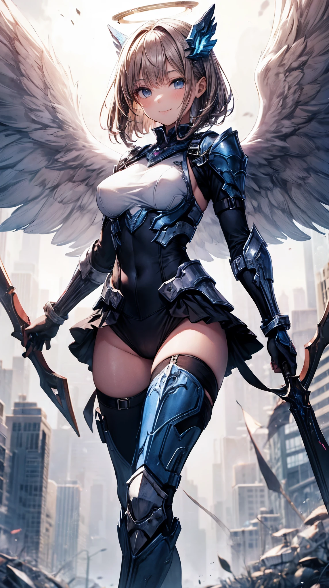 fantasy, 1angel_girl,(_teen:, ,brown_hair, medium_bob_hair, long_bangs, halo,bare_shoulder,thighhighs,silver_armor, waist_armor, large_breasts,1pair_wings, dynamic_pose_fighting,floating, bare_crotch, headgear,gauntlet, greaves,city_landscape_background,slightly_spread_legs, solo, groin_naked,smile