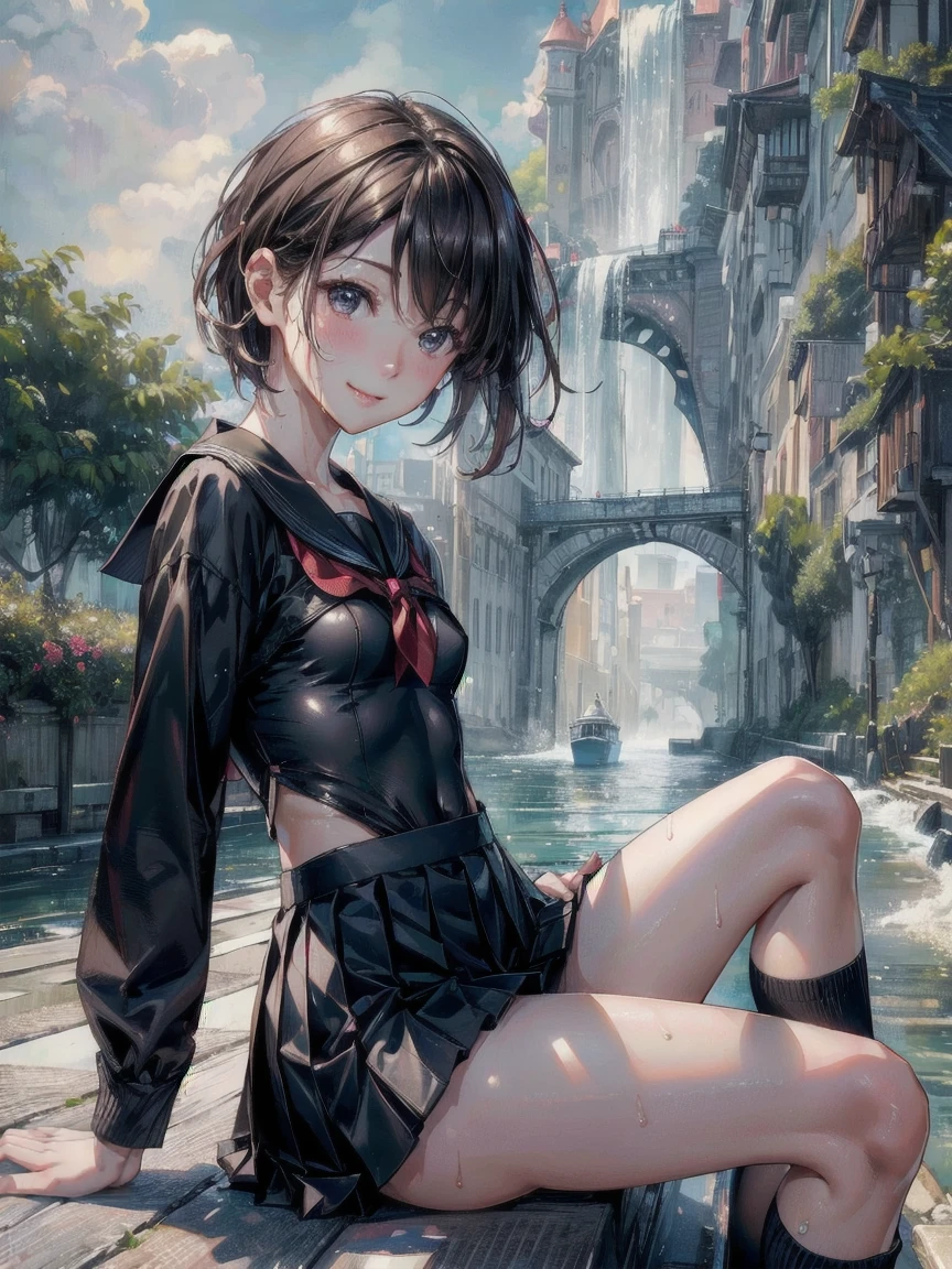 最high quality, masterpiece, High resolution, Realistic, RAW Photos, 8k wallpaper, perfection, Thin arms、Very small waist、Beautiful Style、美しいThighs、Curved waist、((Very small breasts:1.5))、Shapely and soft breasts:1.2、Beautiful ass、Beautiful Eyes、Natural Skin、Ultra-fine face、Ultra-realistic、(8k), (最high quality: 1.2), (Realistic), (Realistic: 1.37), 超High resolution, cute, smile, Mouth closed, Beautiful details, Beautiful Nose, Brown short hair, short,Giant Dulcefo, Thighs,Self Snap,Sailor suit,,Pleated skirt,(Sitting:1), Sit on the ground,(Hold my feet:1),(Black knee-high socks),from the front,knees、Very detailed, high quality, 最high quality, High resolution、Skin wet with sweat、smile、