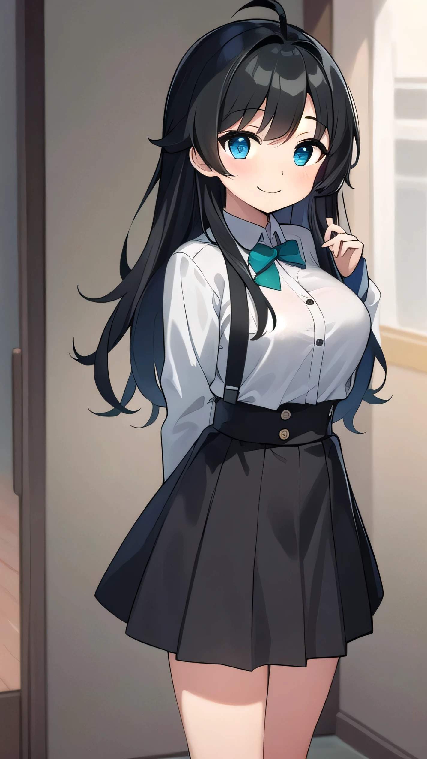 Junior high school student who looks like an elementary school student, 14 years old, (very short:1.3), 140cm tall, black hair with a slight green tinge, short ahoge, beautiful long hair but with a little hair sticking out, beautiful round eyes, blue eyes, smile, boyish, long sleeves , thick clothes, skirt, big breasts, hair longer than waist, long hair, young face, dark greenish black hair, gentle smile, a little shy, skirt is black, hair is black but has a slight green tinge, boyish and gentle smile I have.