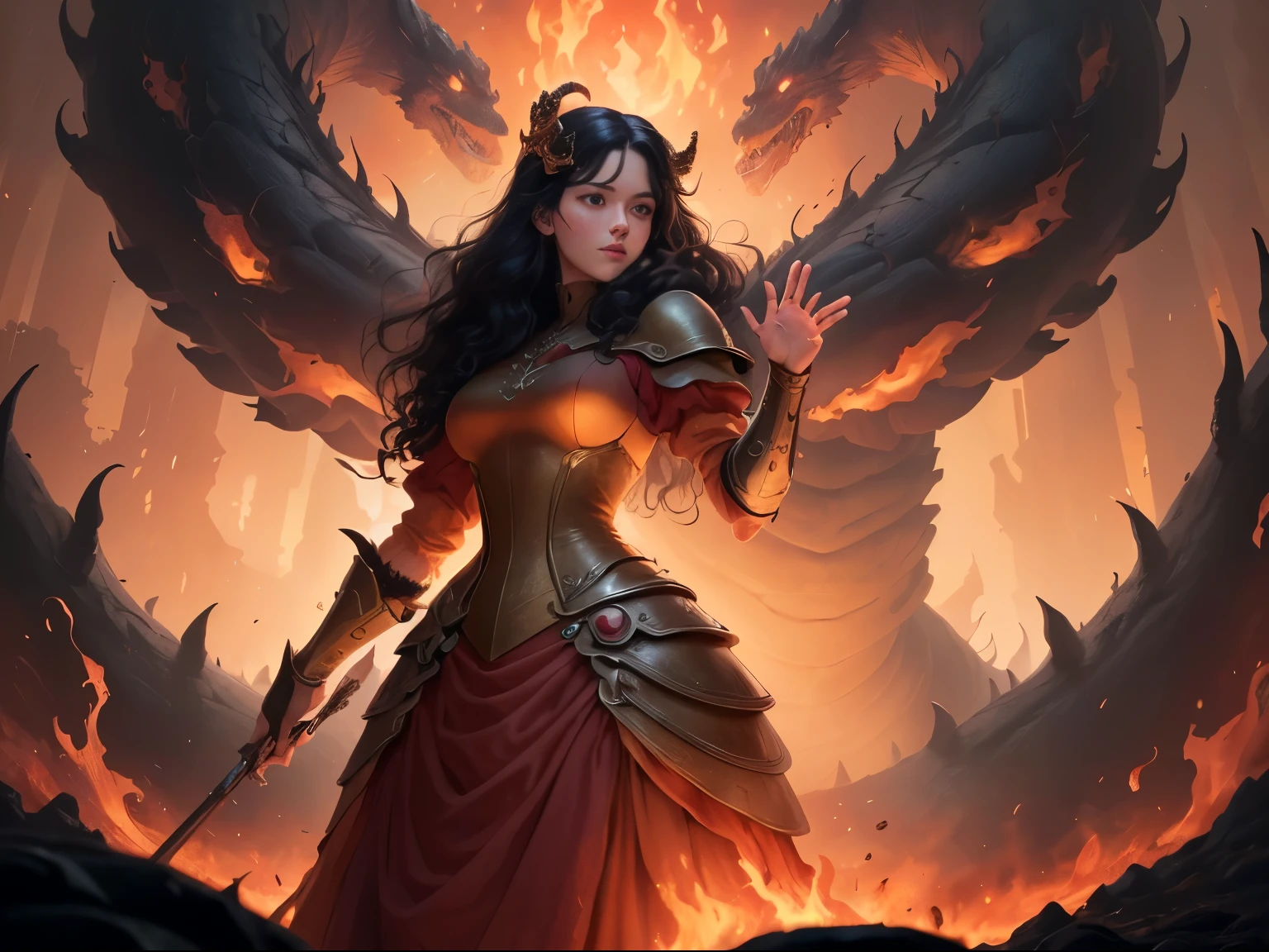 ((best quality)), ((masterpiece)), (detailed), A digital illustration of an injured long black haired woman standing victorious with one hand raised with a giant monster made up of writhing worms getting destroyed in the background. She is wearing a peach-colored princess dress and the background is fiery lava