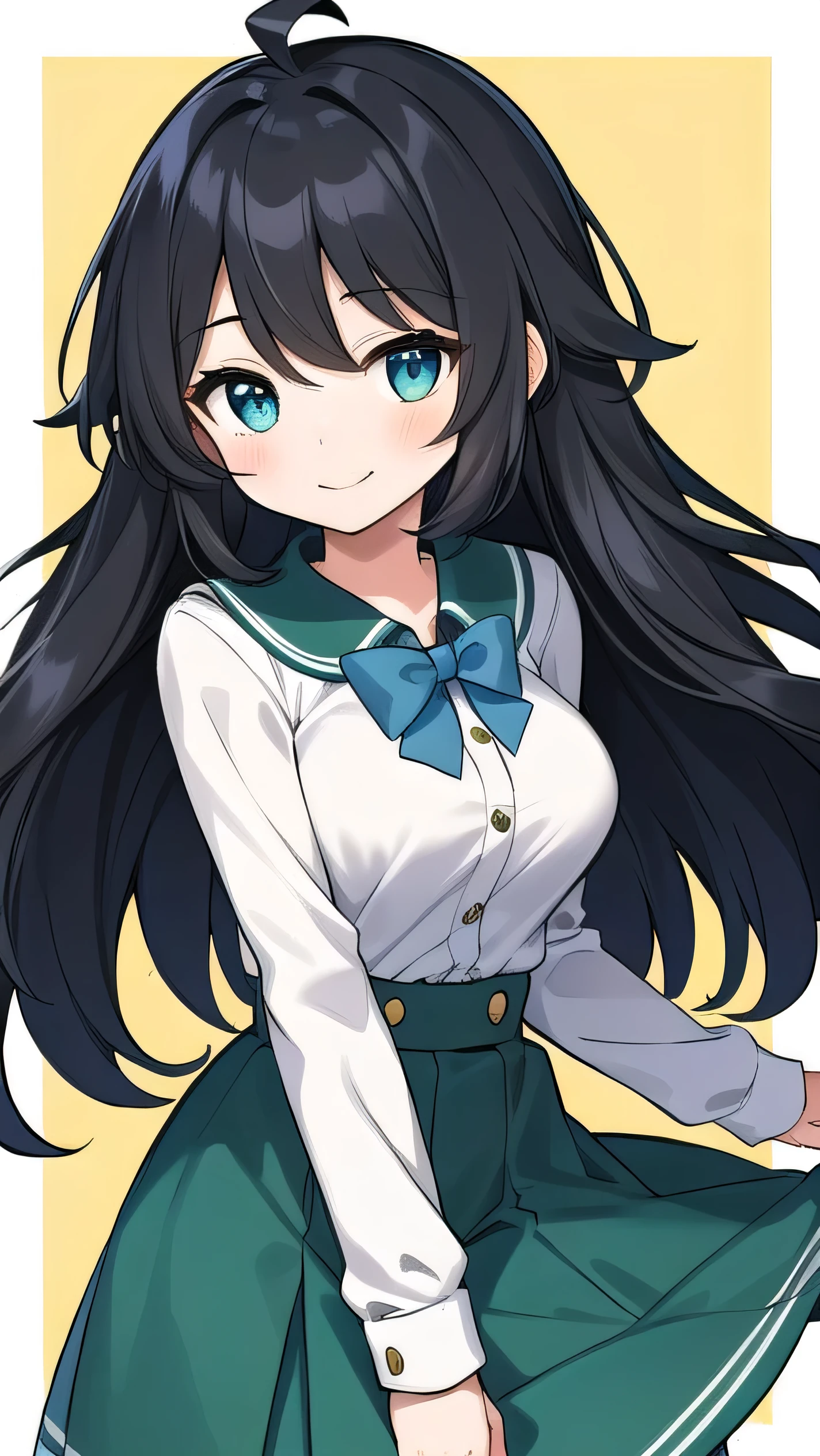 Junior high school student who looks like an elementary school student, 14 years old, (very short:1.3), 140cm tall, black hair with a slight green tinge, short ahoge, beautiful long hair but with a little hair sticking out, beautiful round eyes, blue eyes, smile, boyish, long sleeves , thick clothes, skirt, big breasts, hair longer than waist, long hair, young face, dark greenish black hair, gentle smile, a little shy, skirt is black, hair is black but has a slight green tinge, boyish and gentle smile I have.
