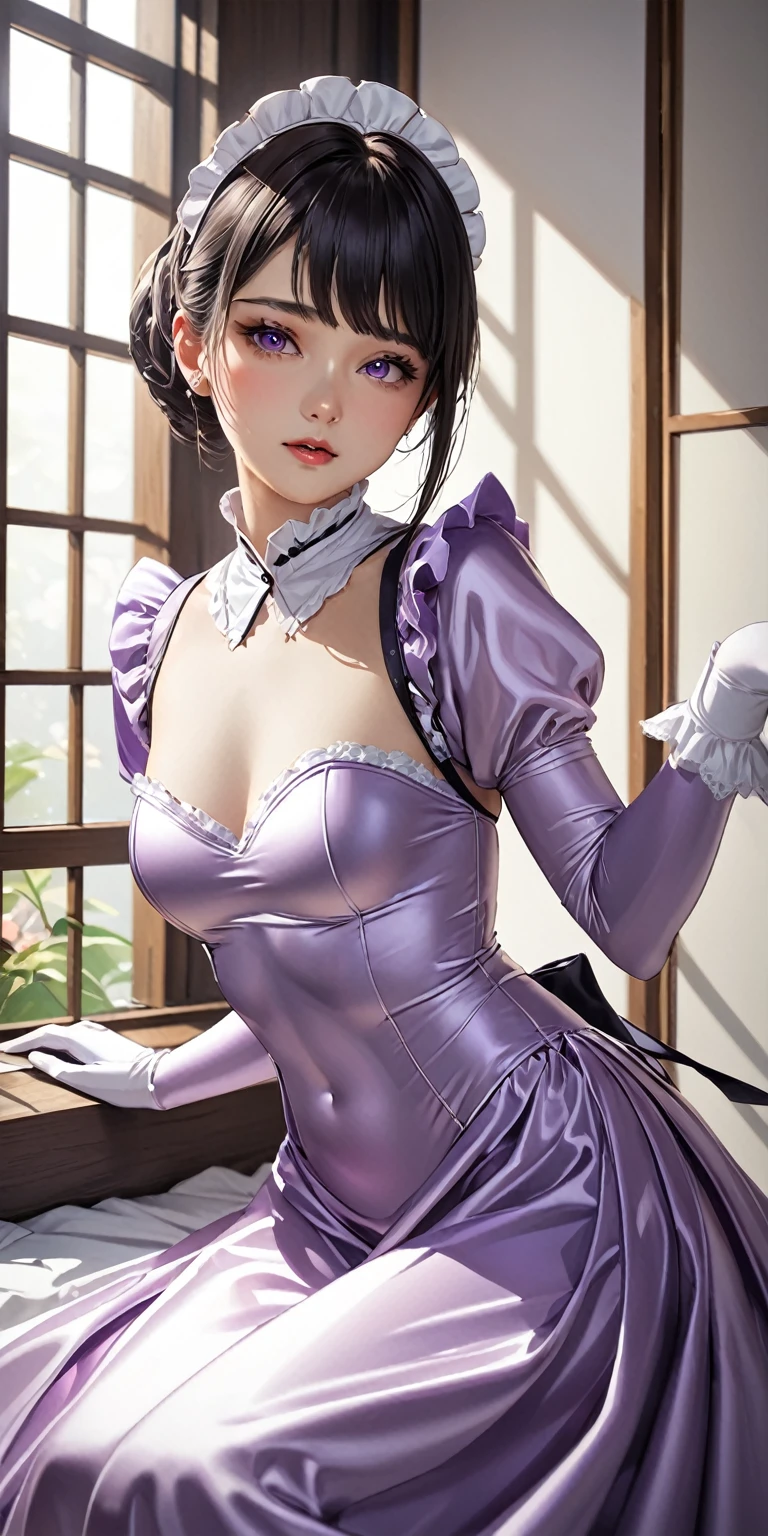 Portraiture、(masterpiece,Highest quality,Ultra-high resolution),Japanese women, (((Very beautiful 25 year old girl))),The chest is a little large、She is wearing a shiny light purple satin long sleeve maid dress.、The dress has a simple design without any patterns..、The skirt is a long skirt with frills、Satin Gloves、((Satin bodysuit))、Bright room