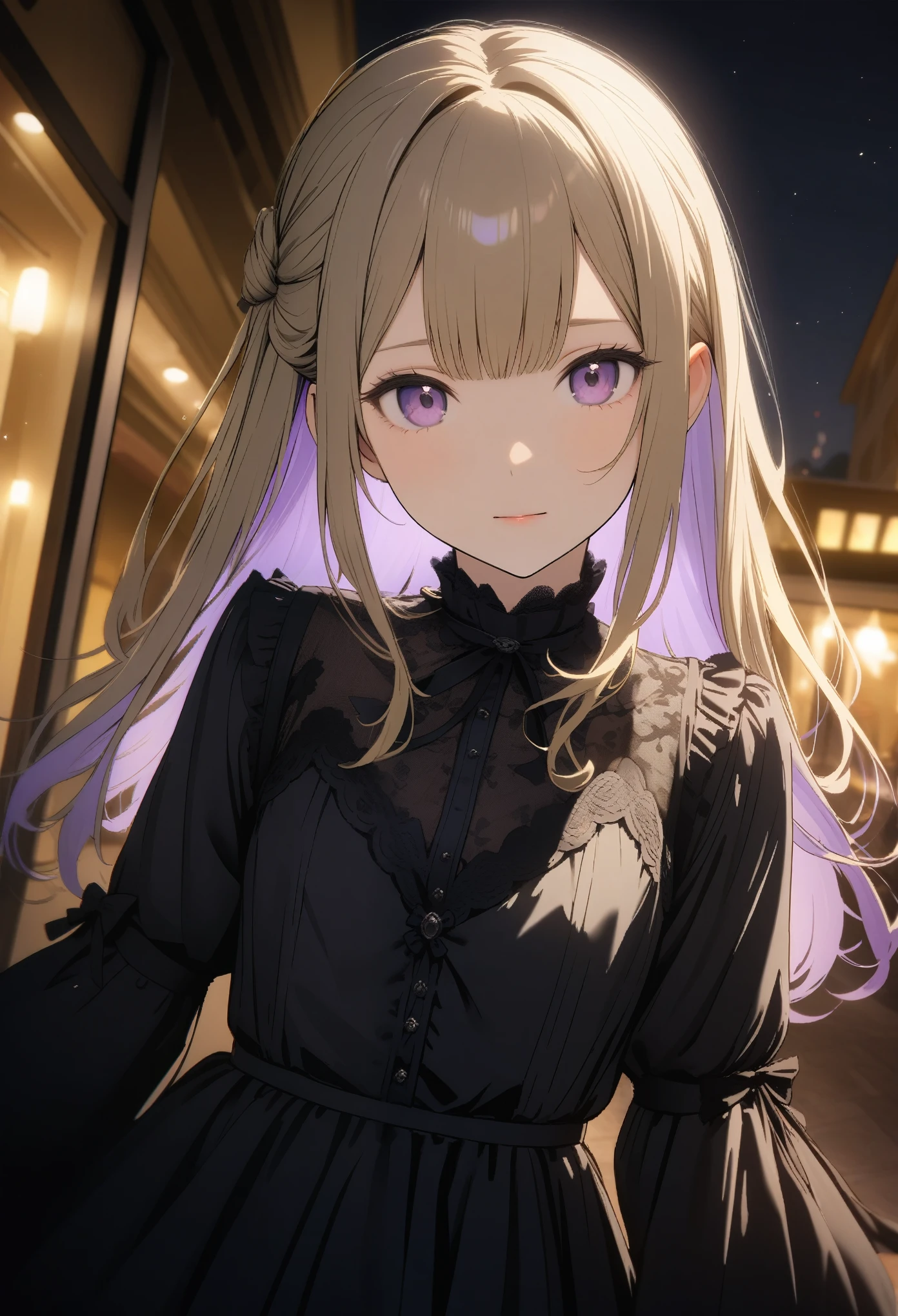 15-year-old girl, ((gothic lolita fashion))、(Golden hair color、Light purple inner color hairstyle、Hair expressed with a delicate touch), Beautiful Hair, Facial Contour, Remember, ,Hotel, splash, Lens flare、night,illumination、Natural Color, High resolution, Very delicate, Very detailed, 8k,（Breast size around B cup）、Shyness,((Sexual)),((Sexy feeling)),Top view angle