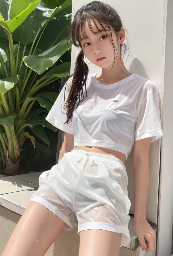 (Highest quality, masterpiece, 4K, photograph, Fine:1.4), (Cute  crying in soaked short white nylon shorts:1.3), garden, squirt, tomboy, A soaked white short-sleeved T-shirt and white nylon shorts, Covering the chest with both arms, Very cute with a baby face, ponytail, The chest area of his white short-sleeved T-shirt is wet and transparent., Her wet white nylon shorts are transparent and her underwear is clearly visible, White clothes that are wet and see-through, Footage from the knee up
