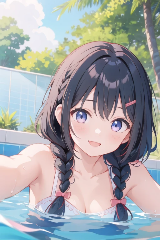 Girl emerging from pool、She has black hair in braids、Face close-up、Swimsuit、smile