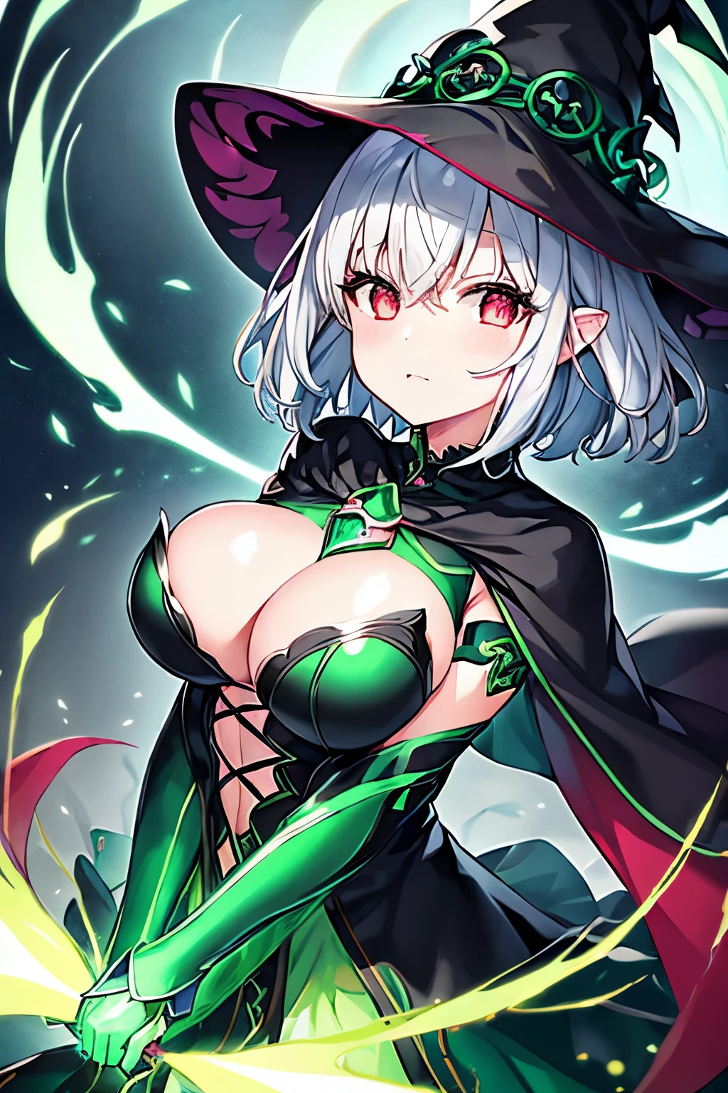 1 girl、Silver short hair、Hollow, glowing red eyes、Fantasy、witch、((黒とGreen clothes))、((Green clothes))、Aggressive design、Cape、Yellow decoration、accessories、Villain、Magical Items、whole body、Mysterious Forest、Wind Magic、Dark Magic、Dark Aura