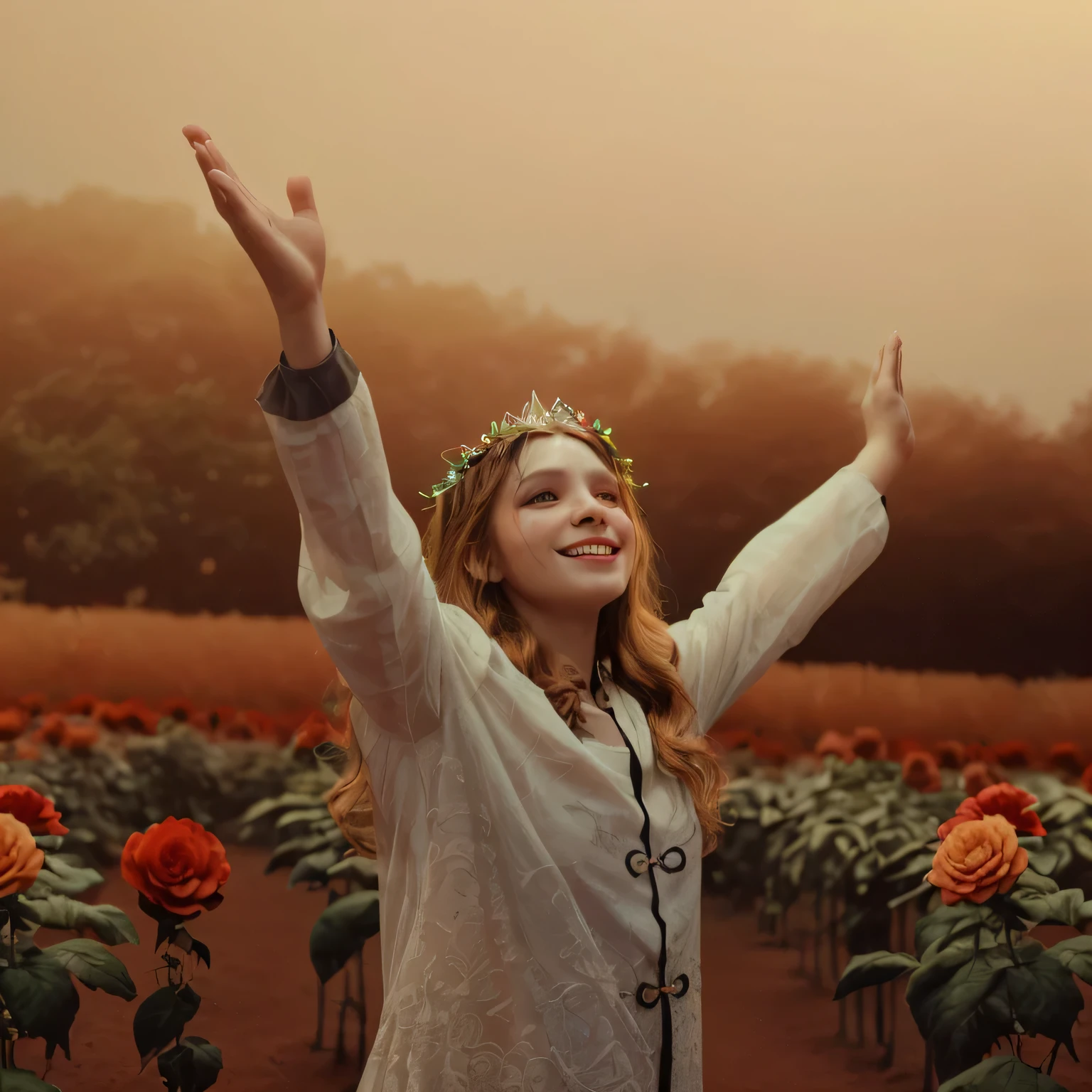 a girl smile in a lush vibrant garden, hands raised up, beautiful detailed eyes, beautiful detailed lips, extremely detailed face, long eyelashes, intricate floral crown, flowing dress, soft natural lighting, (best quality,4k,8k,highres,masterpiece:1.2),ultra-detailed,(realistic,photorealistic,photo-realistic:1.37),detailed environment,detailed flora,stunning colors,cinematic lighting,digital art,concept art