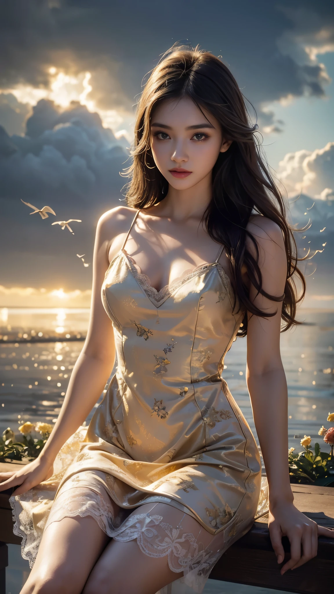 8K, UHD, masterpiece, 1 girl, good face, very long hair, detailed eyes, detailed lips, light makeup, small breasts, ((ornament dress)), yellow dress, ((strap lace)), stocking, in the cloud, cloudy sky, flowers, water, heaven, flying birds, dim lighting, realistic shadow, bloom, ray tracing,