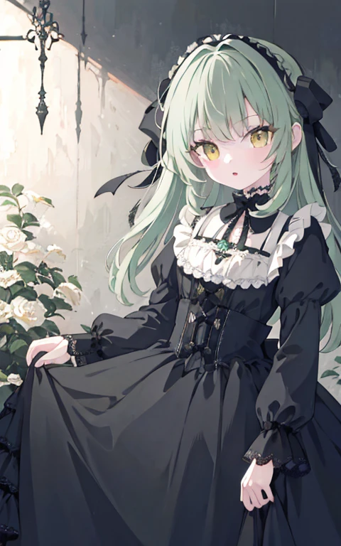 masterpiece, Top quality, masterpiece, Top quality,Very detailed,{Top quality}, {{masterpiece}}, {high resolution},Dark green hair，Extremely refined},masterpiece, Top quality,Very detailed,{Top quality}, ((((****ta)))), Ruffles、Evil Flower{high resolution},  1 Girl, Yellow eyes,Long dark green hair
(Low Gothic:1.24)、