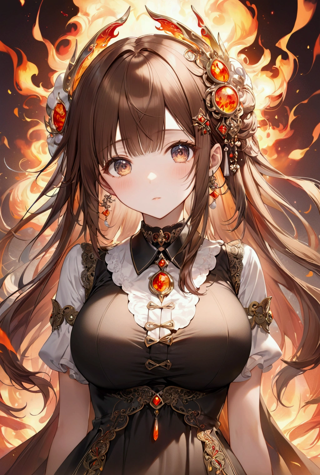 (Highest quality, 8k, 32K, masterpiece, Ultra-high resolution,:1.2),to be born, One Girl,So cute , hair ornaments, eye,Multicolored Hair,Upper Body,Brown Hair,dress, collar, 茶色のeye, 茶色のeye,bangs, Brown Hair,Long Hair, 真面eyeな顔, A fantasy background reminiscent of an electronic world, Large Breasts, Has a big sword, Clothed in flames, Flame Background