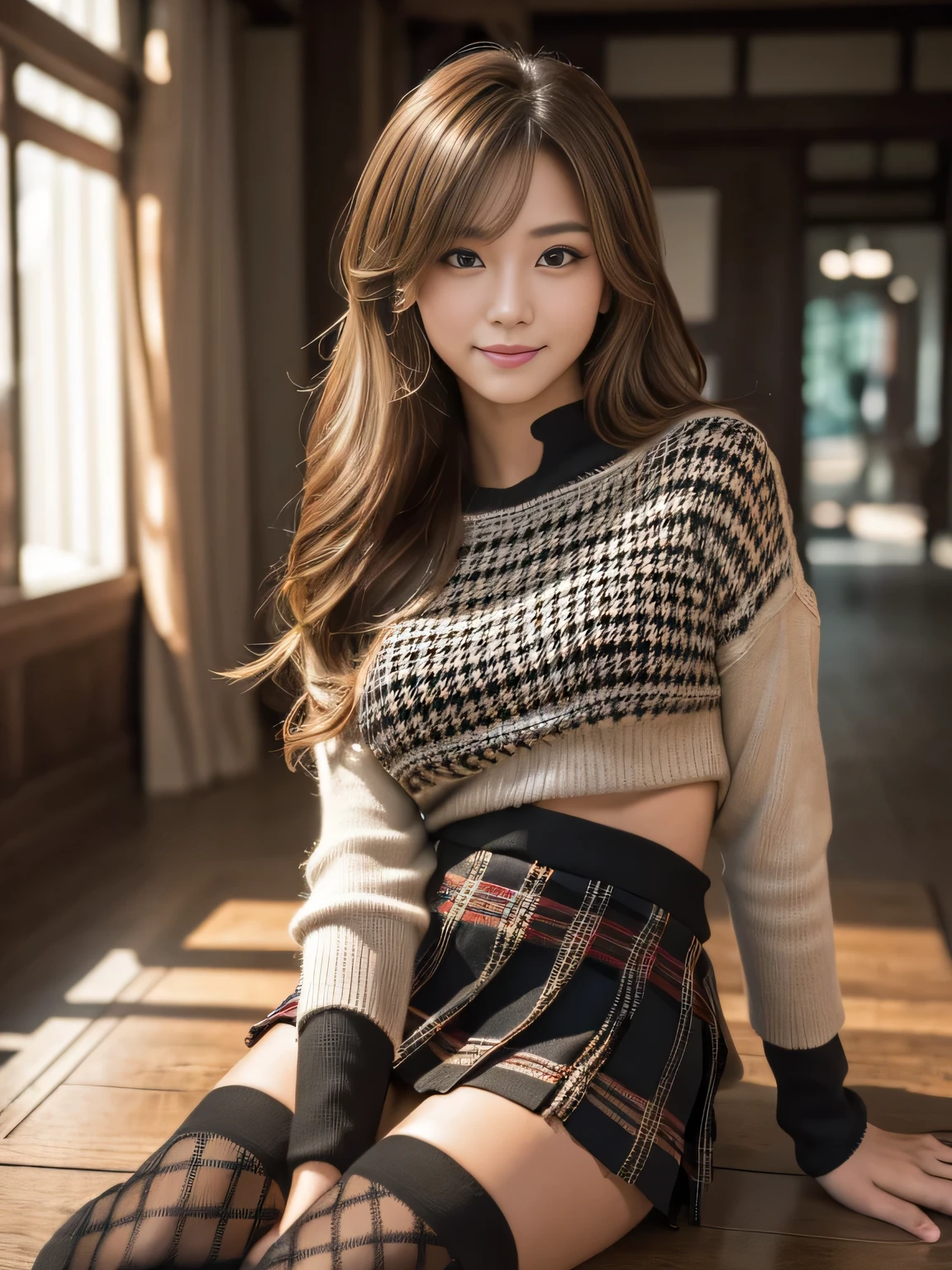 masterpiece, best quality, ultra-detailed, intricately detailed hyperdetailed, realistic, sharp features, highly detailed, sharp focus, Realistic, Photorealistic:1.3, (19 years old:1.3), perfect face, perfect symmetrically eyes, perfect full lips, hyper detailed, hyper realistic, high resolution, Fashion Model, Japanese Idol, Slender, brown hair, Stylish, model poses, Beautiful Face, light brown hair, messy hair, Beautiful hairstyle, (seductive smile:1.2), (looking at viewer), cinematic lighting, blurred background, (Black knit:1.2), ((mini plaid skirt, black high socks)), (Shibuya),