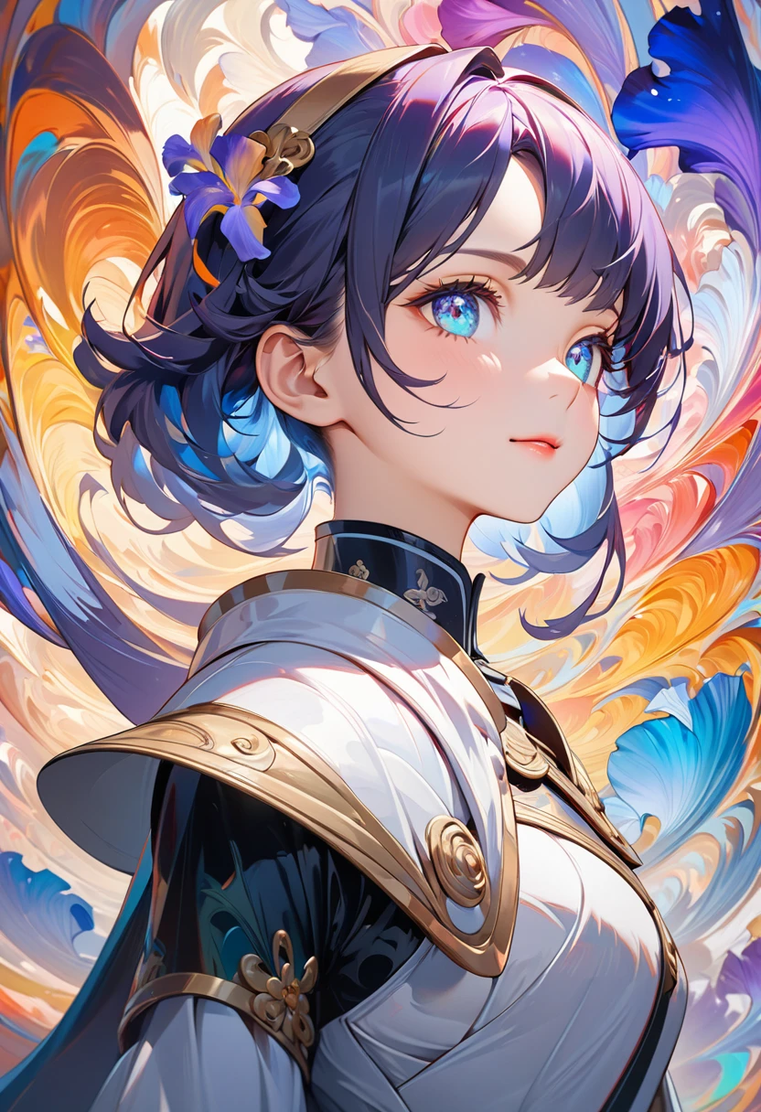 female knight, Colorful and bright, Mysterious colors, modern impressionism, Portrait of Chen Yanjun, Iris Painting, 3/4 Perspective View, Cute Face, Low - Angle, Wide, swirling composition, Big beautiful crystal eyes, Big Iris, 超High resolution, High resolution, 8k, (masterpiece: 1. 5), (The most beautiful portraits in the world: 1.5)