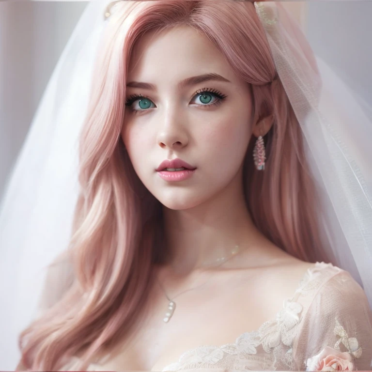 young woman, peach skin, short pink hair, wide forehead, big green eyes, buttoned nose, big pink lips, slender body, small breasts, medieval period clothing, deep neckline, Sakura Haruno, 3d