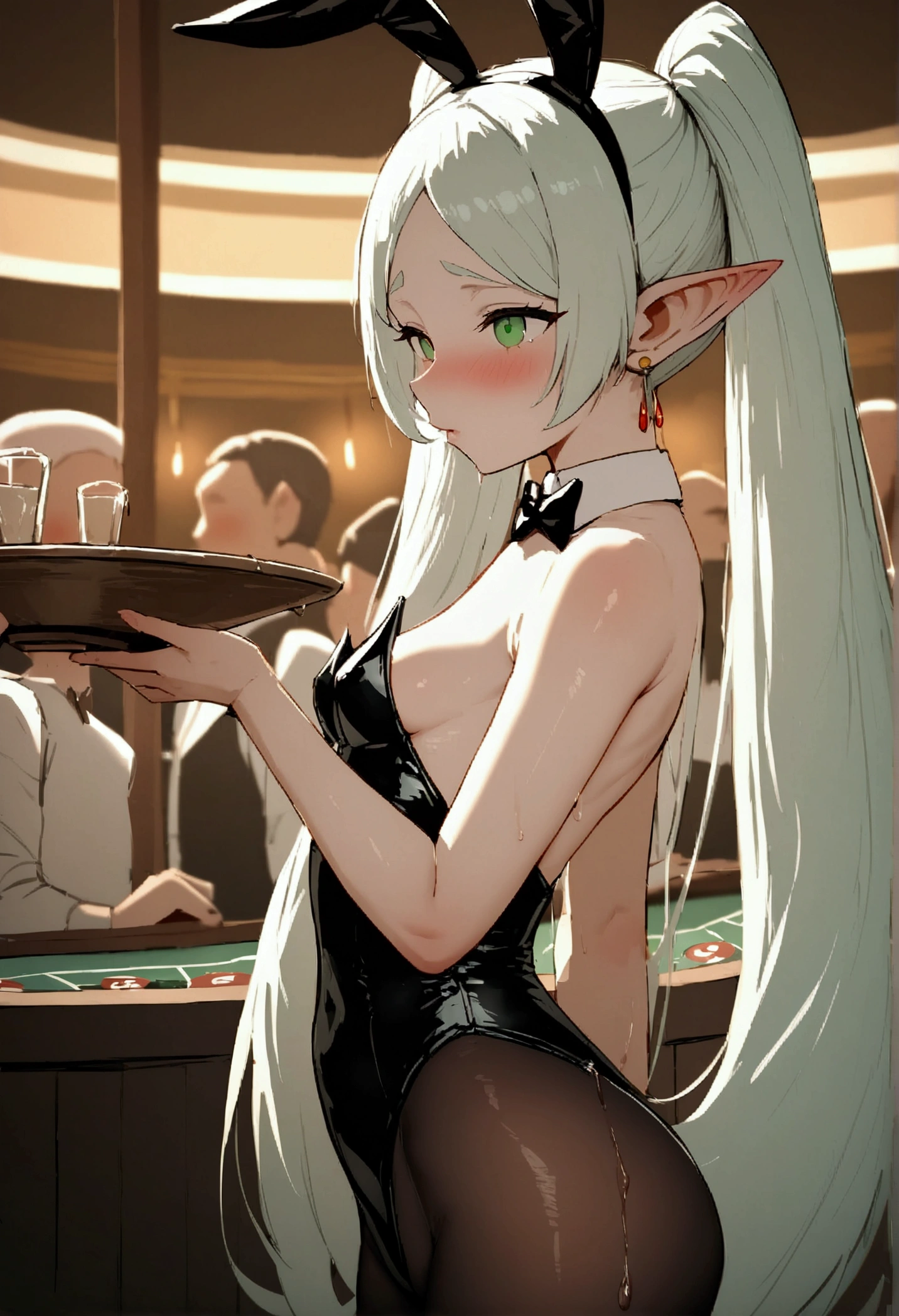 NSFW,masterpiece,Highest quality,High resolution,Very detailed,Frielen\(葬送のFrielen\),Pointed Ears,Green Eyes,Twin tails,very long hair of white color,, Earrings,Playboy Bunny,Black Pantyhose,Small breasts,casino,blush,sake,Serve customers,A large number of people,A man touches his butt,Committing sexual harassment,(Molester),Body touch,From the side,My pussy is wet,Love juice is dripping