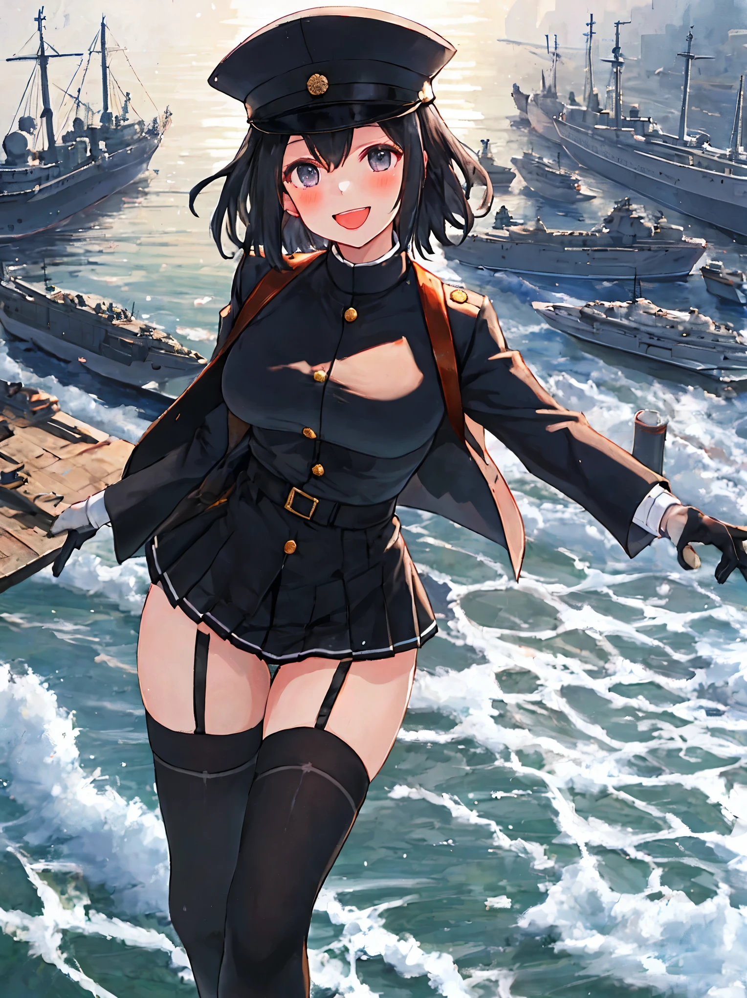 best quality, masterpiece, solo, {akitsu_maru_kantaicollection:1.15}, black_hair, short_hair, hat, peaked_cap, black_eyes, military, big_breasts, 1girl, black_headwear, looking_at_viewer,black_ military_uniform, uniform, military_hat, in_front_harbor_town_landscape_background, smile,(plump:0.7),,black_thigh-highs,joylight_open_mouth,white_skin