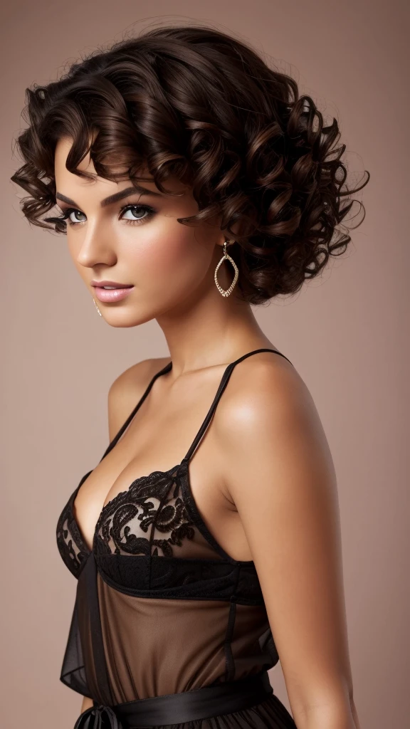 create a silhouette of a woman, Brunetette, eyes browns, short curly hair, with sensual clothes,in high resolution