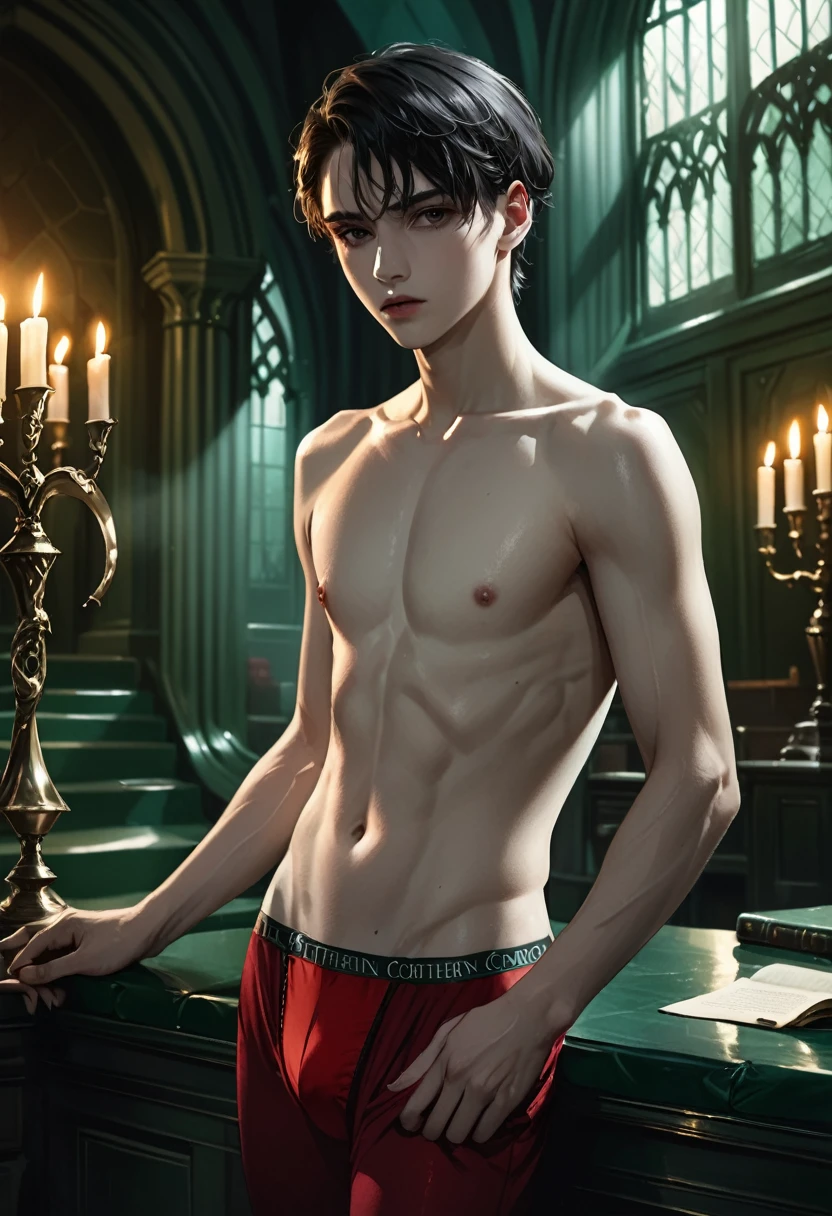 Beautiful detailed photo of a guy,18 year old Tom Riddle in red underwear, topless, black hair, red eyes, pale skin, sensual pose, in Slytherin common room with dramatic lighting, extremely detailed, cinematic composition, masterpiece, high quality, photorealistic, 4k